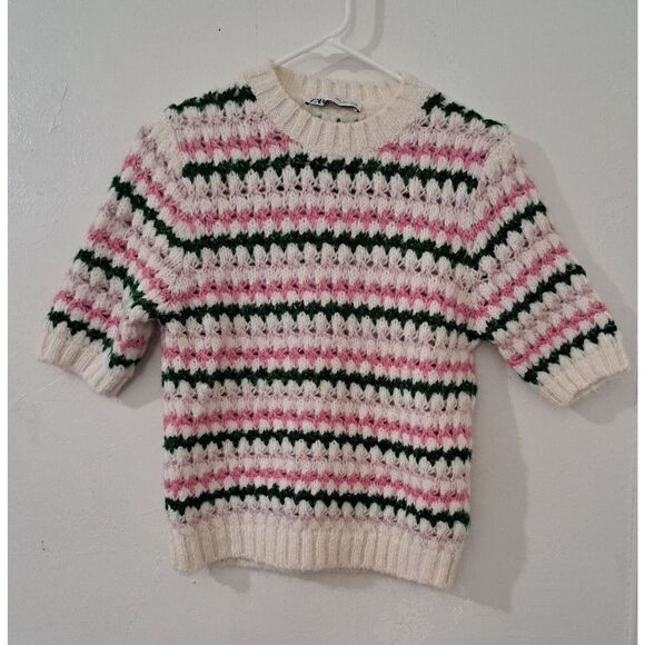 Zara Womens Small SOFT STRIPE KNIT Alpaca sweater Top Short Sleeve Pink Green - Picture 2 of 6
